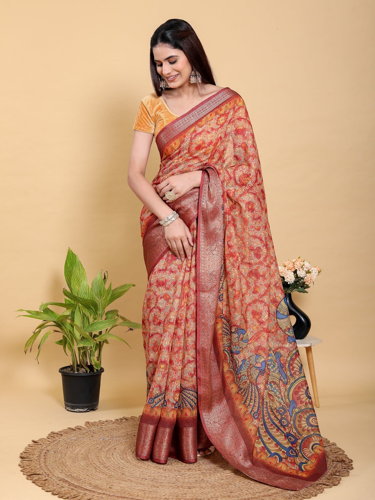 Traditional Printed Saree with Peacock Motif and Heavy Zari Border